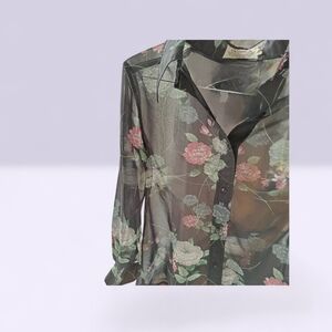 Vintage Loubella Black Sheer Floral Print Blouse Button Up Made In Hong Kong